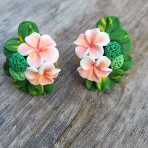 Hawaiian Artisan Flower Polymer Clay Clip On Earrings